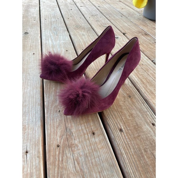 Gianni Bini Burgundy Heels For Fur Puff Pointed Toe Pumps Size 8 - Picture 3 of 10
